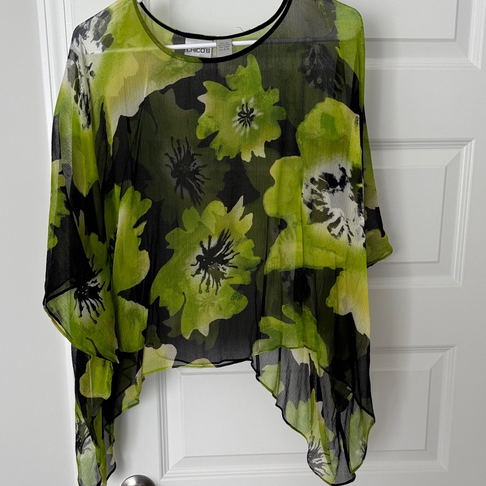 Chico's Sheer Floral Tunic in Lime Green and Black